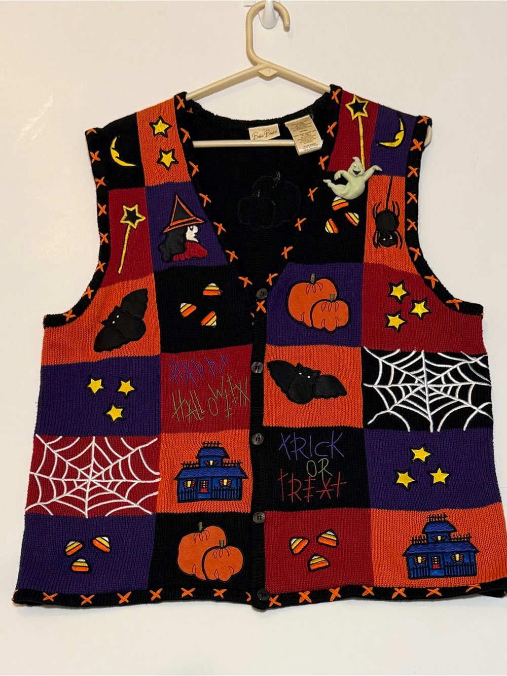 Vtg Bobbie Brooks Halloween Patchwork Vest- multicolor w- Vtg ghost pin halowen
